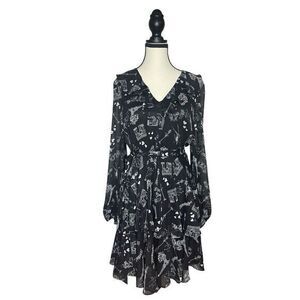 Karl Lagerfeld Paris Signature Print Ruffle Tiered Midi Dress Womens 4 Sheer‎